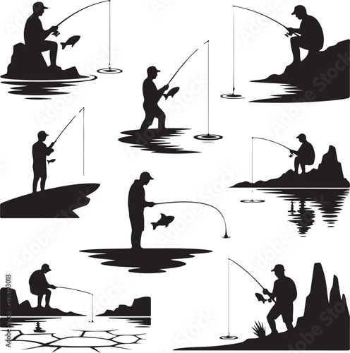 black silhouettes of fishermen in various poses on water  fishing scenes
