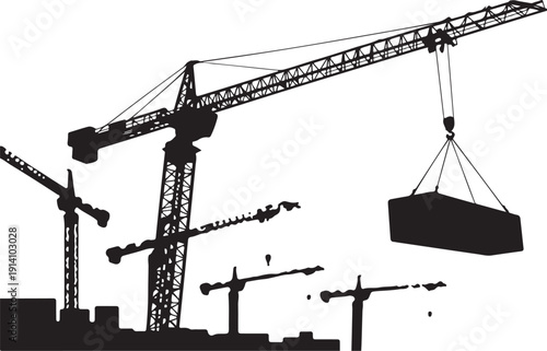 Minimalist of Construction Cranes and Buildings black and white