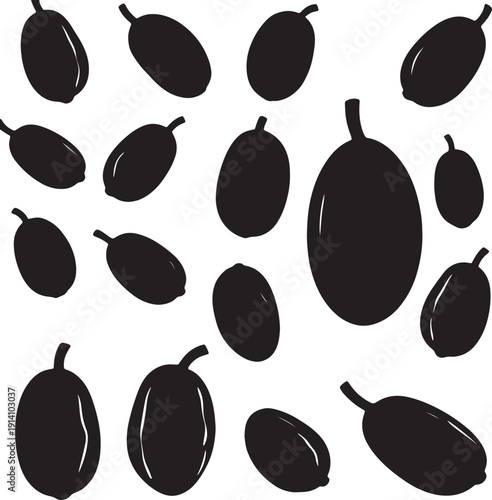 Elegant Silhouette: An artistic arrangement of sleek, black olives, each displaying its unique shape, scattered in a visually pleasing pattern. The image is a study in form, texture.