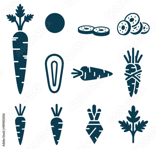 Vector icons of various vegetables including carrots, zucchini, and beetroot in dark blue on a white background