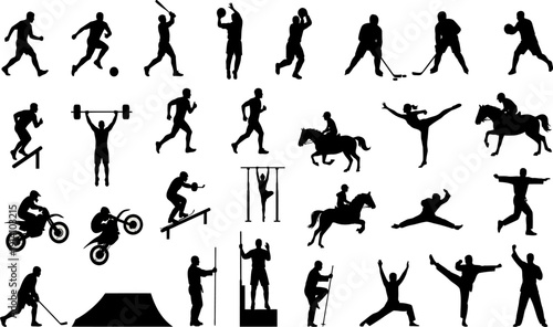 A collection of black silhouettes showcasing various sports and athletic activities, including soccer, hockey, equestrian sports, and martial arts on a white background