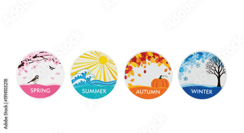 Vector illustration of four distinct seasonal circular icons: spring with cherry blossoms, summer with ocean waves, autumn with a pumpkin, and winter with a bare tree