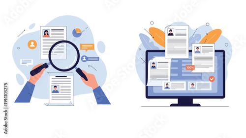 Human resources department conducting candidate recruitment by reviewing resumes through a magnifying glass and digital screen.
