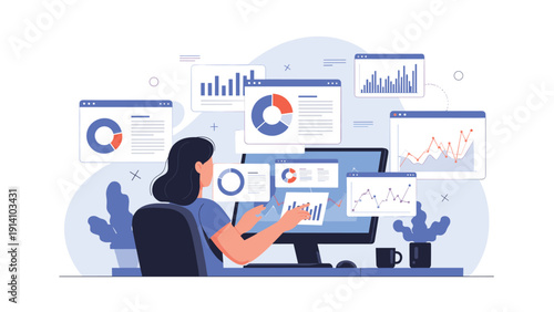 Professional woman managing complex data sets and business metrics through several interactive floating digital dashboards.