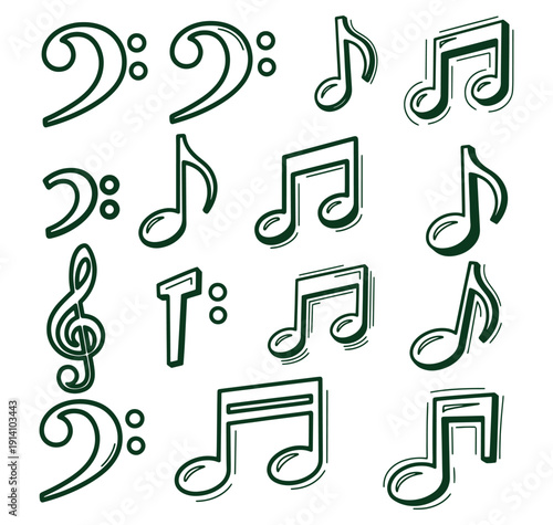 Collection of green musical notes and symbols isolated on transparent background