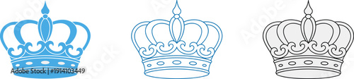 Blue and White Royal Crown Vector Icon Set with Elegant Outlines for Luxury Branding Jewelry Shop King Queen Prince Princess Heraldic Emblem and Prestigious Identity (25 words)