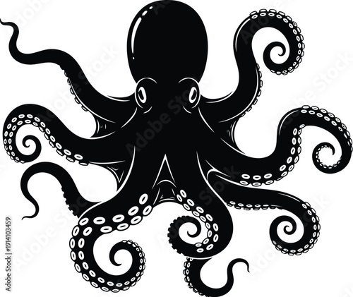 Octopus silhouette displays intricate tentacles and bold suction cup detail.