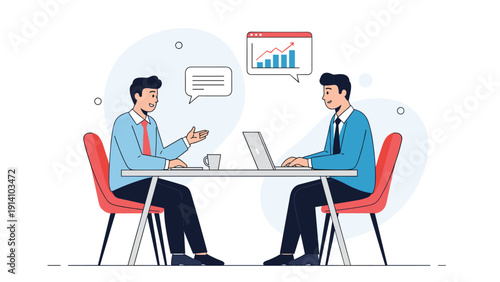 Two businessmen having a productive corporate meeting and discussing growth strategy over coffee and laptop in a bright room.