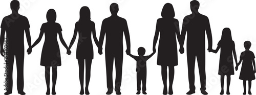 Silhouette of a family of eight holding hands eight people