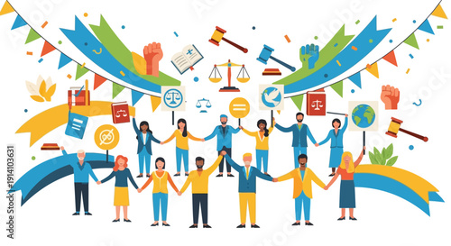 Illustration of diverse people holding hands in a circle with colorful campaign banners and social justice icons on World Social Justice Day.