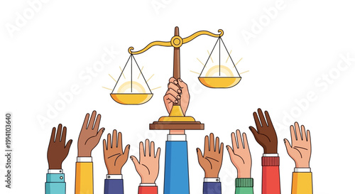 Illustration of diverse hands raised in solidarity under a scale of justice on a colorful infographic for World Social Justice Day, promoting equality and teamwork.
