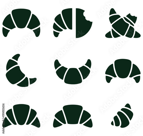 Nine dark green croissant icons in various orientations isolated on white background