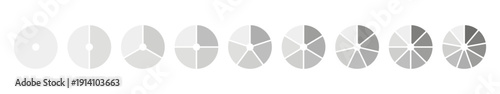 Monochrome diagram with 1, 2, 3, 4, 5, 6, 7, 8, 9 equal sections, steps. Set of pie, pizza simple charts, circle icons for UI, web design, business presentation, infographic, statistic, analytics.