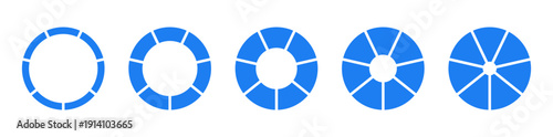 Wheels round divided in seven equal sections. Diagrams infographic icons set. Donut charts, pies segmented on 7 equal parts. Circle section graph patterns. Pie chart blue mockups.