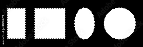 Set of Postage stamp frame templates. Rectangular, circle blank vintage stamps. Tags, labels, coupons, boxes with curvy, wiggly, wavy perforated edges. Empty borders, backdrops for postcards, letters.