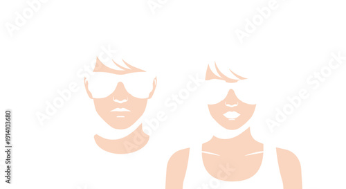 Male and female face illustration with eye patches, skincare beauty treatment concept isolated vector on light background