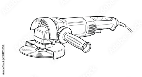  Line drawing of an angle grinder with a protective guard and side handle. The corded tool is shown in profile, conveying a sense of precision and utility.