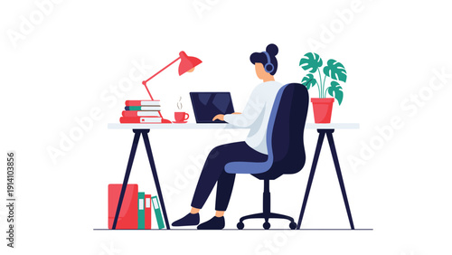 Focused woman working from home using a laptop and wearing headphones at a cozy desk with books and a decorative houseplant.