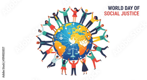 Illustration of diverse people around a globe celebrating World Day of Social Justice with colorful design elements.
