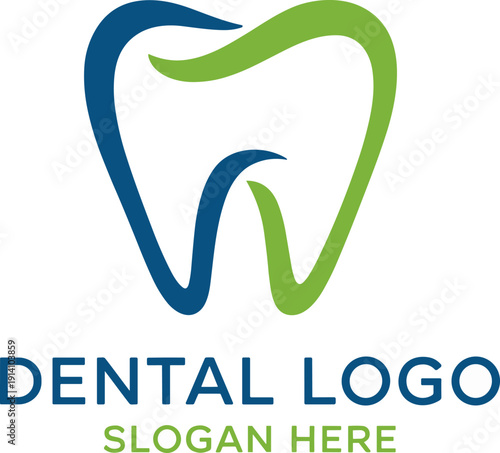 Blue and Green Dental Tooth Logo Design with Elegant Wave Lines for Dentist Clinic Oral Healthcare Orthodontics Stomatology Hygiene and Professional Medical Branding Identity (25 words)