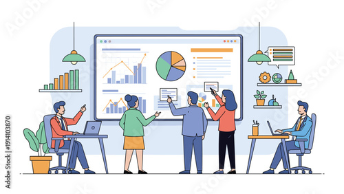 Collaborative team of professionals analyzing business data and financial metrics on a large interactive wall display monitor.