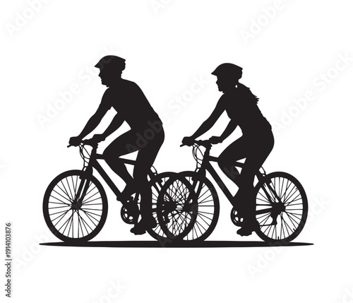 Silhouette of two cyclists riding bicycles side by side in perfect harmony