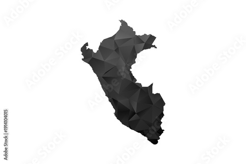 Peru Map - Polygon Style Vector Illustration in Black and Gray Gradient, Low Poly Geometric Design, Isolated on White Background for Infographics and Education.