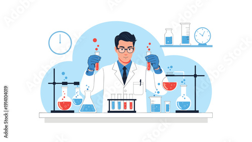 Dedicated male scientist conducting research experiments with colorful chemicals in a modern laboratory with various clocks.