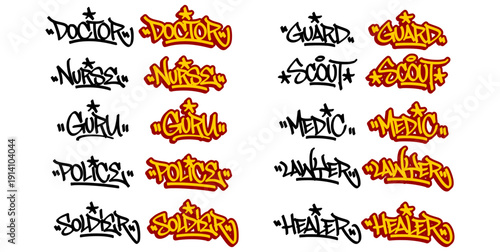 Mega bundle of 10 professional job title graffiti tags in urban hand style. Collection featuring Guru, Guard, Doctor, and more for branding and street wear design projects.