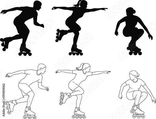 Roller skating silhouettes of athletes performing dynamic tricks isolated on white background for sport fitness action illustration and training concept