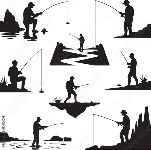 black silhouettes of men fishing alone outdoors