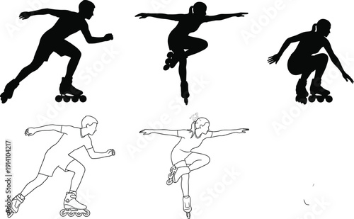 Roller skating silhouettes showing athletes performing tricks and jumps isolated on white background for sport fitness action illustration design