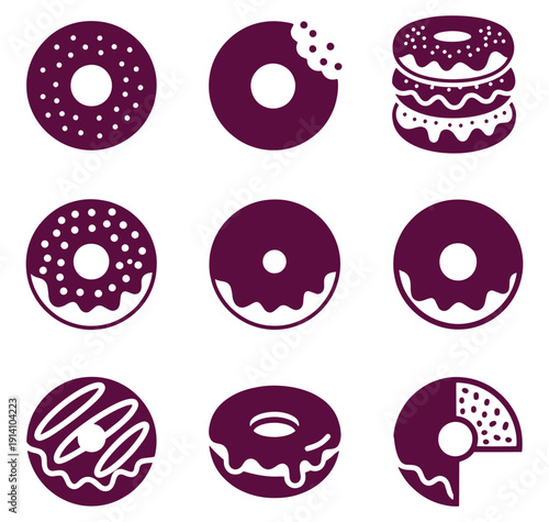 Collection of purple donuts with white icing and sprinkles isolated on transparent background