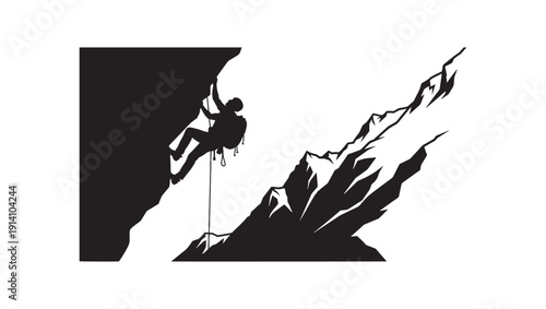 Silhouette of a person rock climbing a steep cliff face with a rope