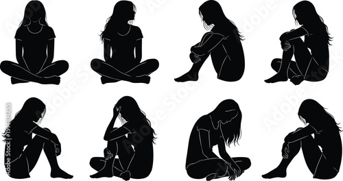 Sad woman silhouette illustration set, female depression and loneliness concept, emotional mental health poses, minimal vector black and white