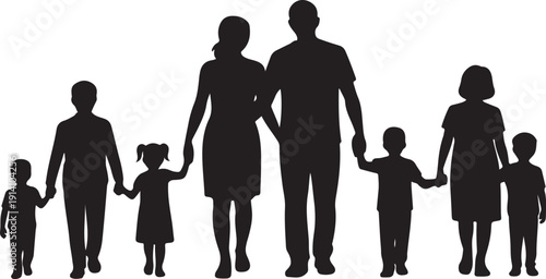 Silhouette of a large family holding hands together