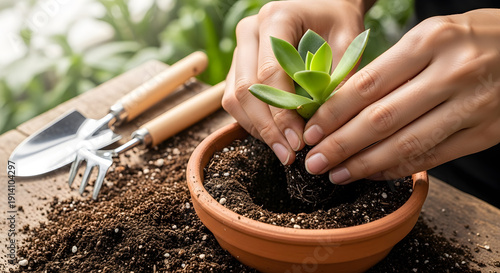 Hands planting small succulent in terracotta pot with gardening tools nearby