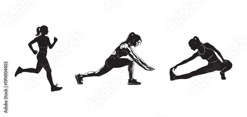 Silhouette of a woman in three different running and stretching poses
