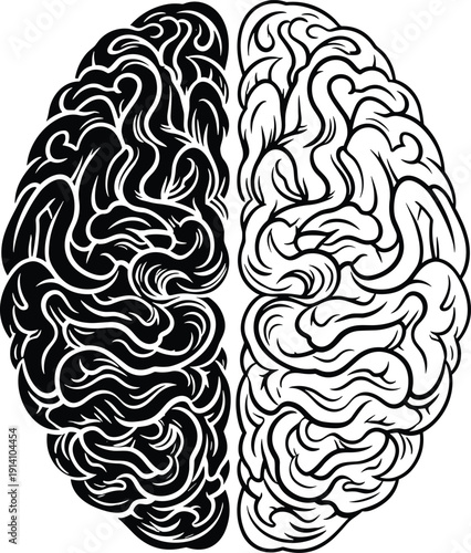 Human brain illustration in black and white, conceptual left and right hemisphere design isolated on background