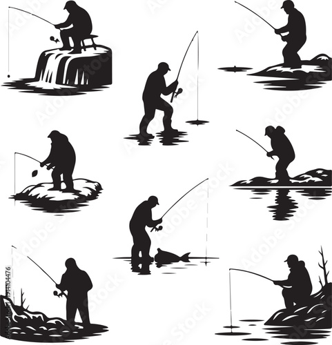 Black silhouettes of men fishing in various poses on land and water