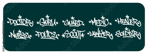 Mega bundle of 10 professional graffiti tags in urban hand style. Collection of guardian job titles like Soldier, Police, and Medic for branding and street wear design projects.