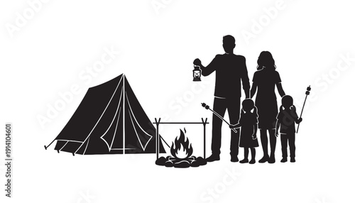 Family camping silhouette with tent and fire