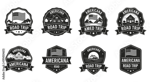 A collection of vintage-style Americana and road trip badges, featuring classic American symbols and landscapes in a monochromatic design.