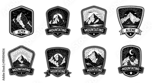 A collection of vintage-style mountain badges and emblems, perfect for outdoor adventure branding, featuring rugged peaks and scenic landscapes.