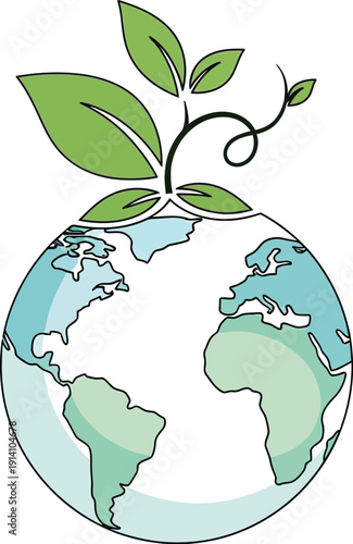 Adobe Illustrator Artwork  earth globe, green leaf plant growing from planet, environmental conservation, global ecology, sustainable development, digital art, 4k, high quality
