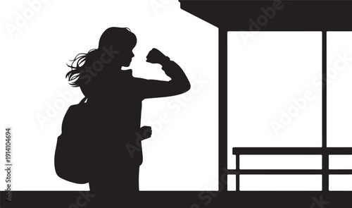Silhouette of a person flexing arm with backpack near a bench