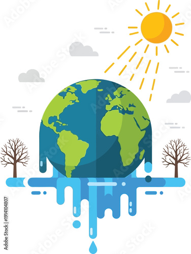 Adobe Illustrator Artwork   detailed illustration, global warming concept, earth planet with melting ice, sun shining, nature surrounding, environmental issue, detailed vector graphic, 4k, high qualit