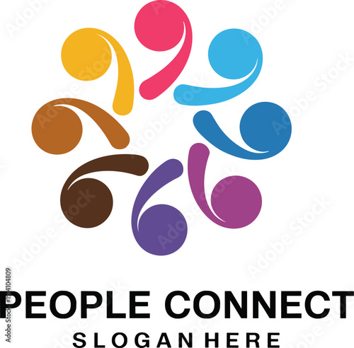 Colorful People Connect Logo Design with Diverse Figures in a Circular Floral Shape for Social Network Teamwork Community Foundation Non Profit and Unity Branding (25 words)