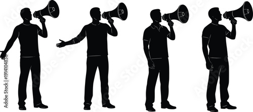 Silhouette men using megaphone in multiple poses isolated on white background for marketing, communication, leadership, announcement, advertising concepts business promotion