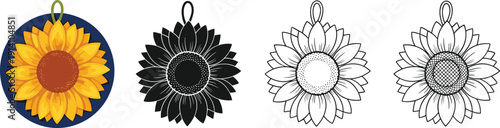 Sunflower icon set featuring colorful flat design, black silhouette, simple line art, and detailed sketch versions for summer floral branding.